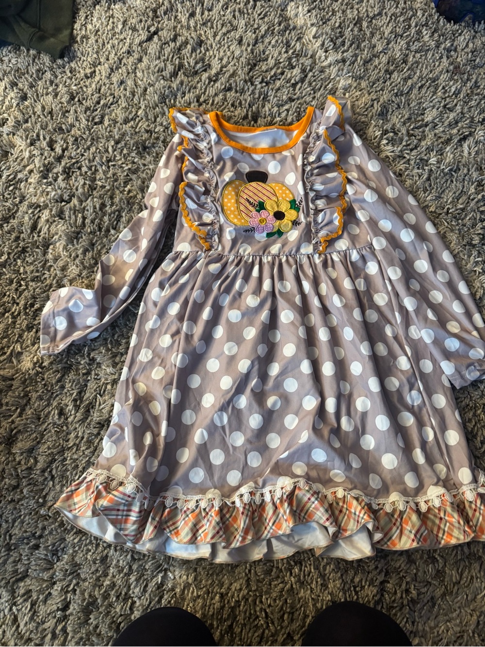 Girls Gray Polka Dot Pumpkin Applique Ruffle Dress - Orange Trim